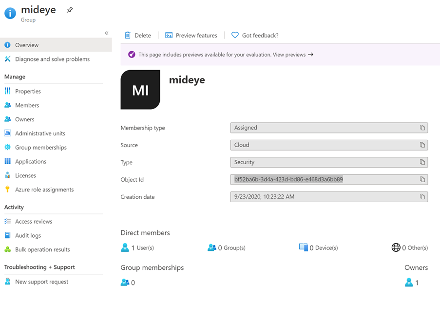 Copy the ObjectId of the group from Entra ID and paste it into the Mideye Server Allowed Groups ID.