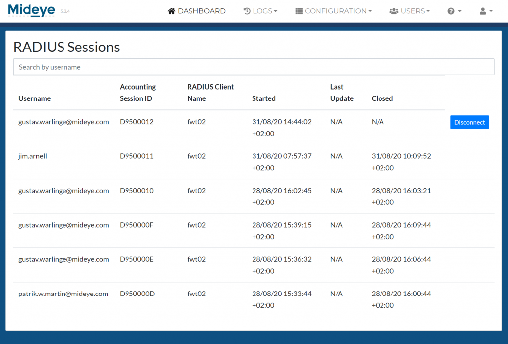 RADIUS client with RADIUS Disconnect Messages enabled.