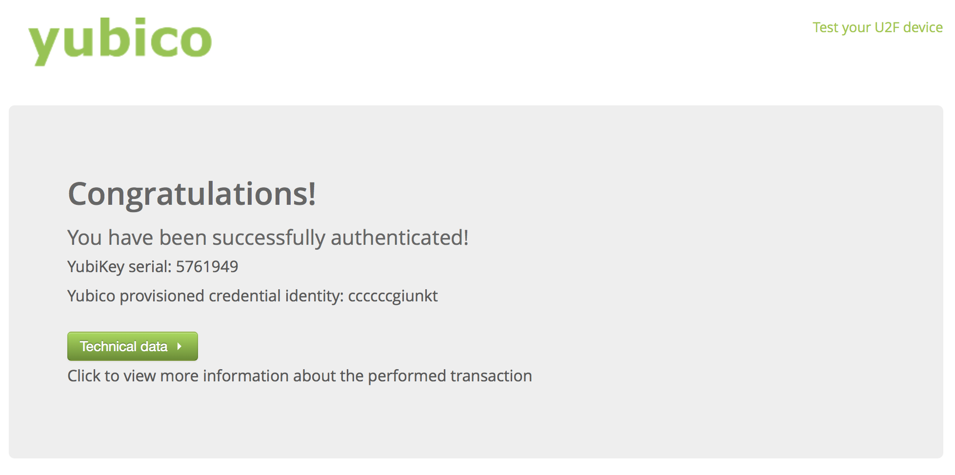 Yubico authentication test page.