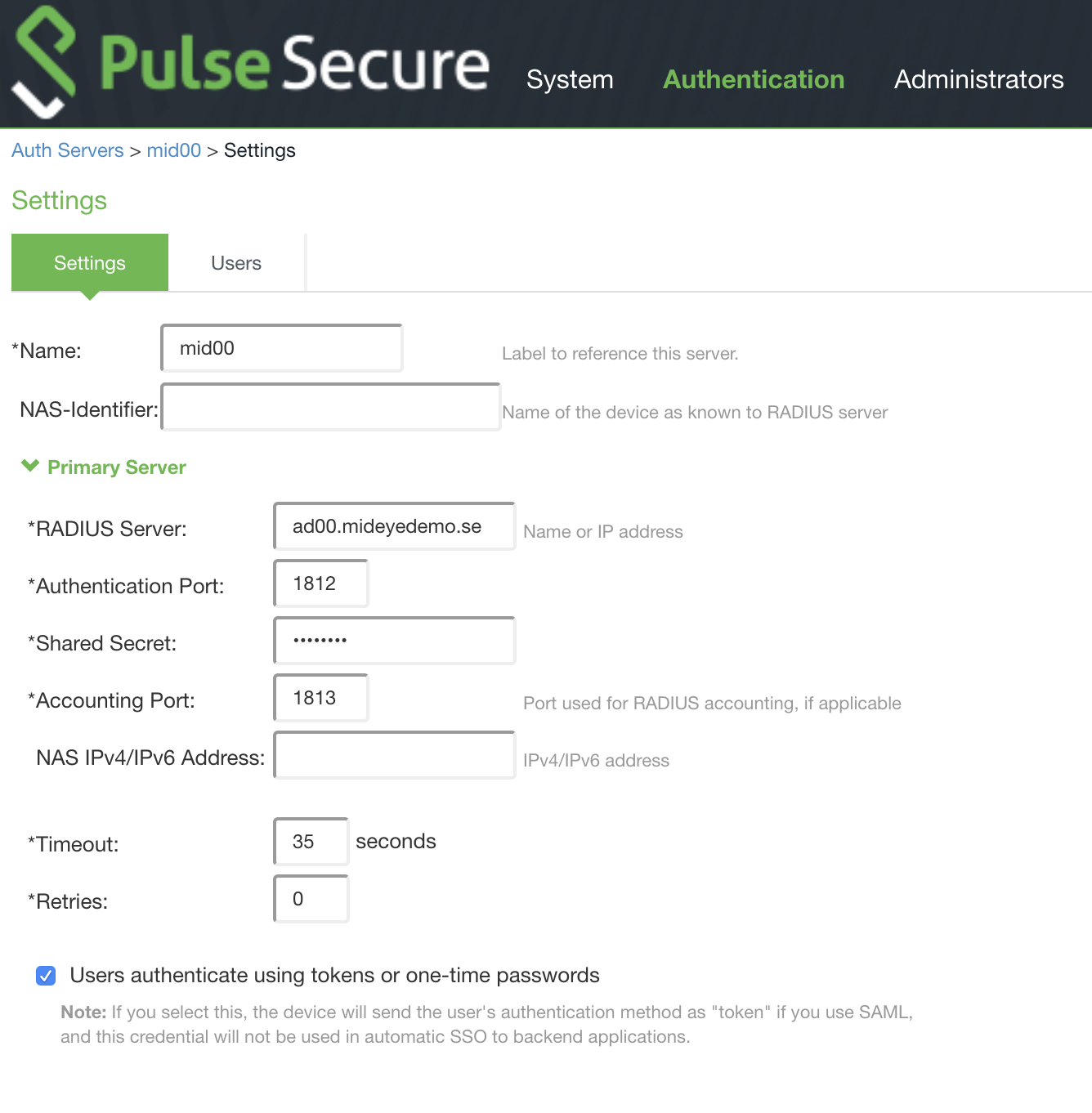 Configuration of RADIUS server